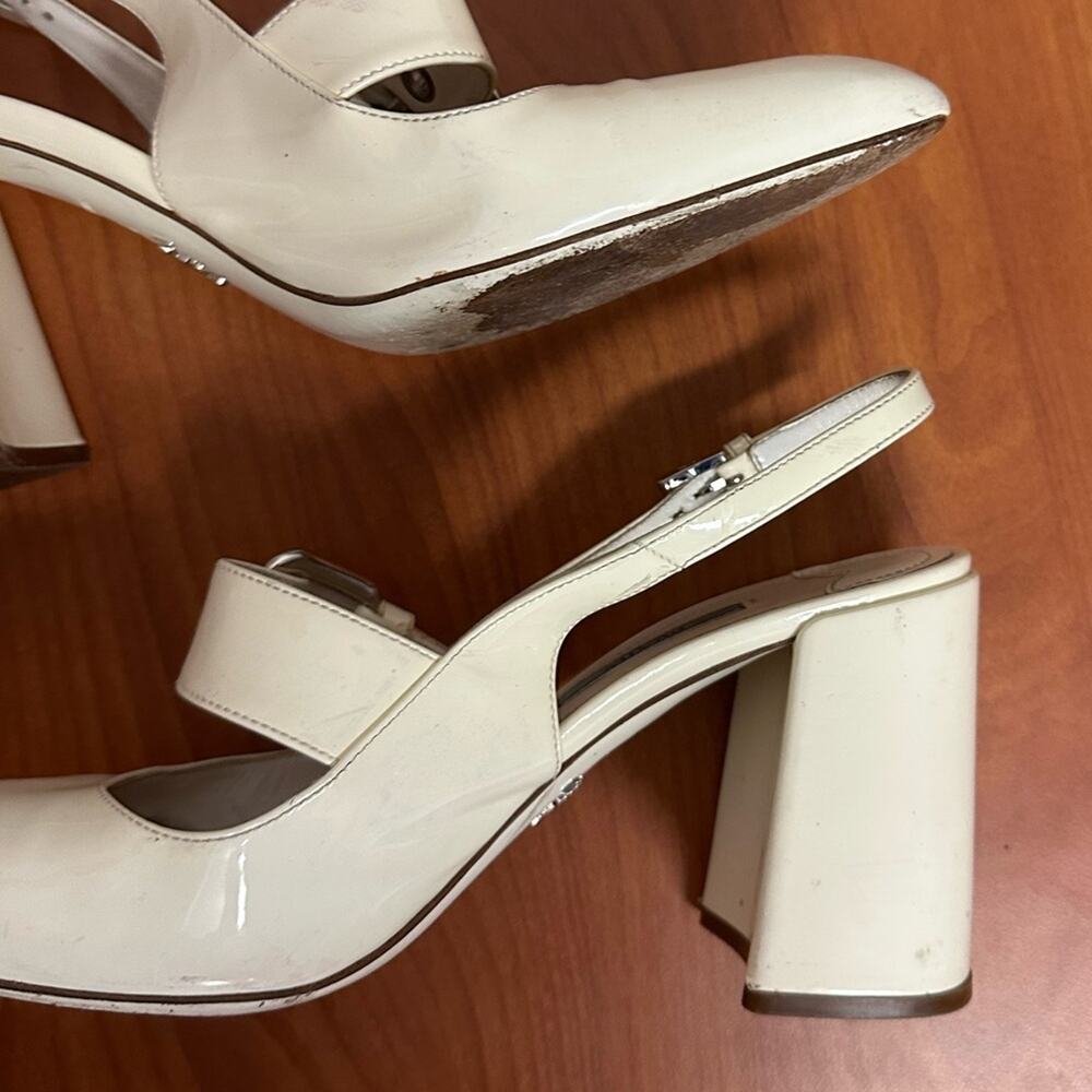 Prada Off White Patent Leather Mary Jane Slingback Block Heel Pumps Size 37.5 - Picture 10 of 16